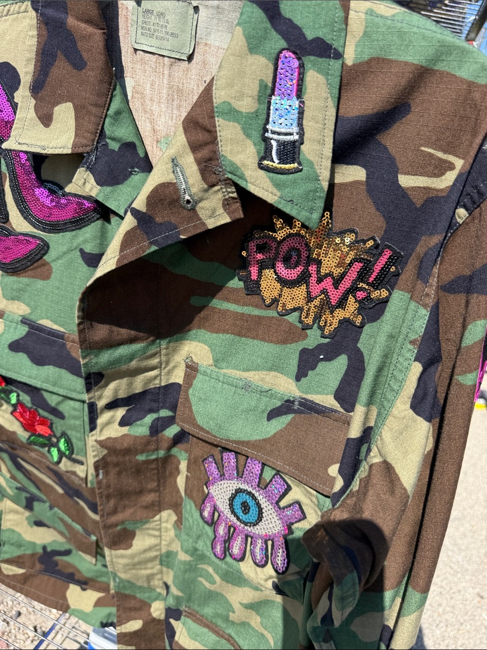 Camo Patchwork Utility Jacket with Pink Sequin Accents - Picture 4 of 6